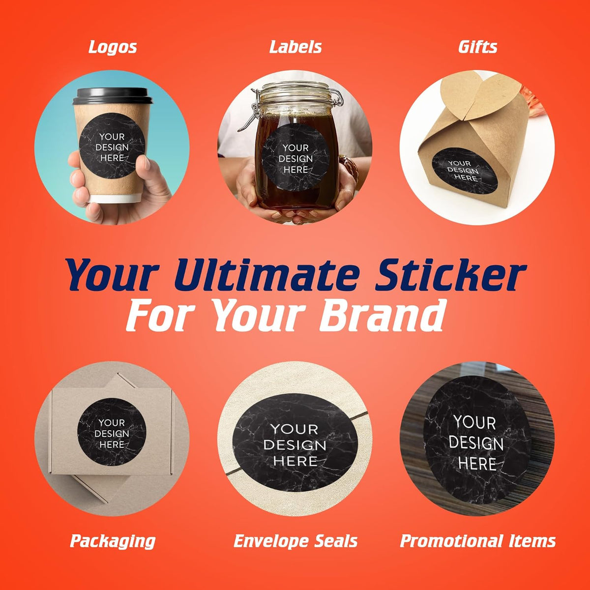 100 Custom Vinyl Stickers - Upload Your own Image, Text, Design, Logo - Personalized Logo Labels for Handmade, Packaging, Bottle, Jars, Candle, Brand Stickers (Black Marble, 5x5)