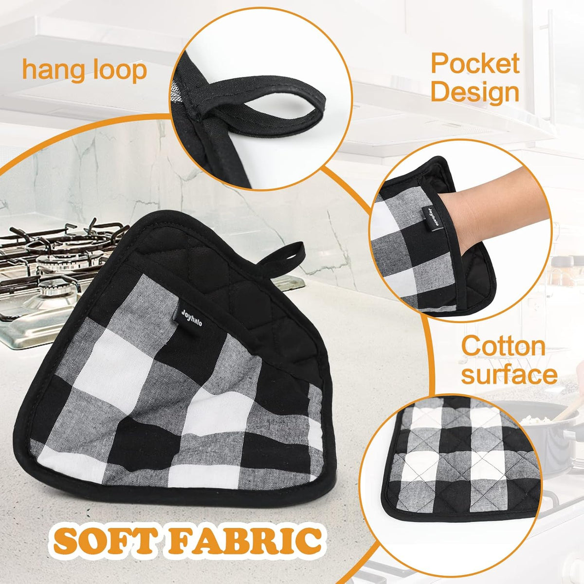 Joyhalo 4 Pack Pot Holders for Kitchen,Cotton Oven Holder with Great Heat Resistance,Non Slip Hot Pads for Kitchen Clearance,Black and White