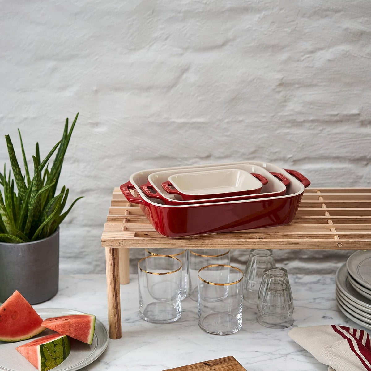 STAUB Cast Iron Set 4-pc, Stackable Space-Saving Cookware Set, Dutch Oven, Skillet, Grill Pan & Ceramic Baking Dish Set, 3pc, Cherry