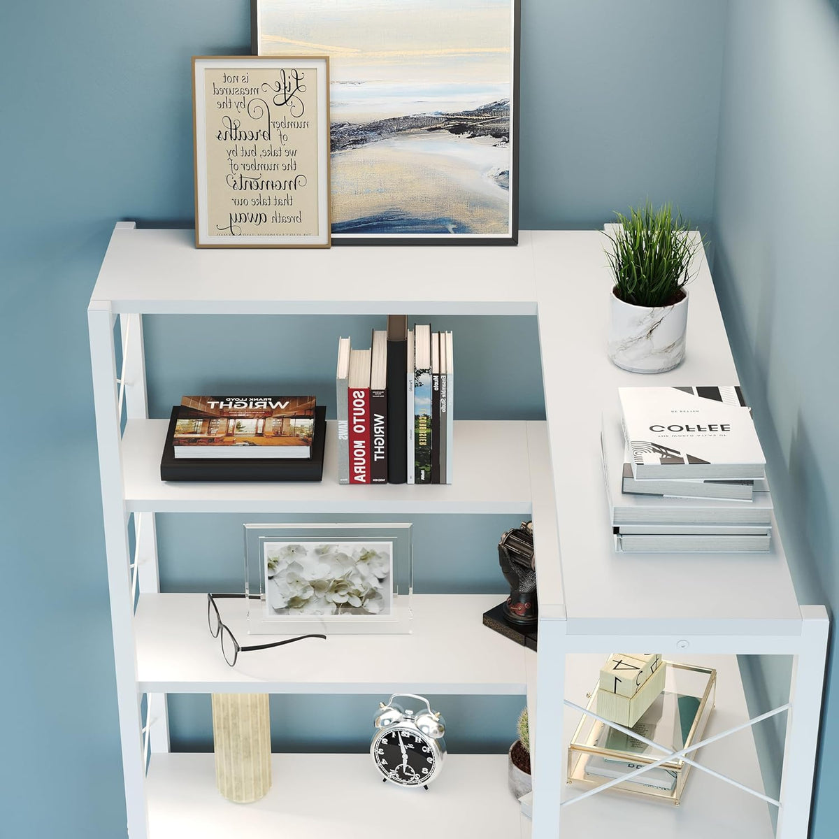 6-Shelf Corner Bookshelf, Vintage Industrial Corner Shelf Etagere Bookcase, Large Book Shelf with Metal Frame Open Storage Corner Cabinet (White-Lockers, Small)