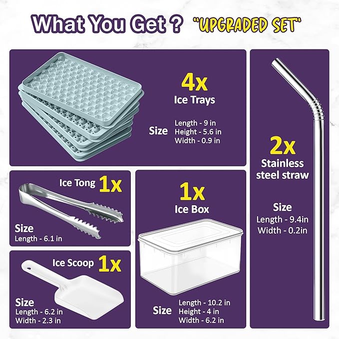 Mini Ice Cube Tray Set & 8 Cicles Ice Trays Set - 7 Trays, 2 Bins, 2 Scoops, 2 Tongs & 4 Straws