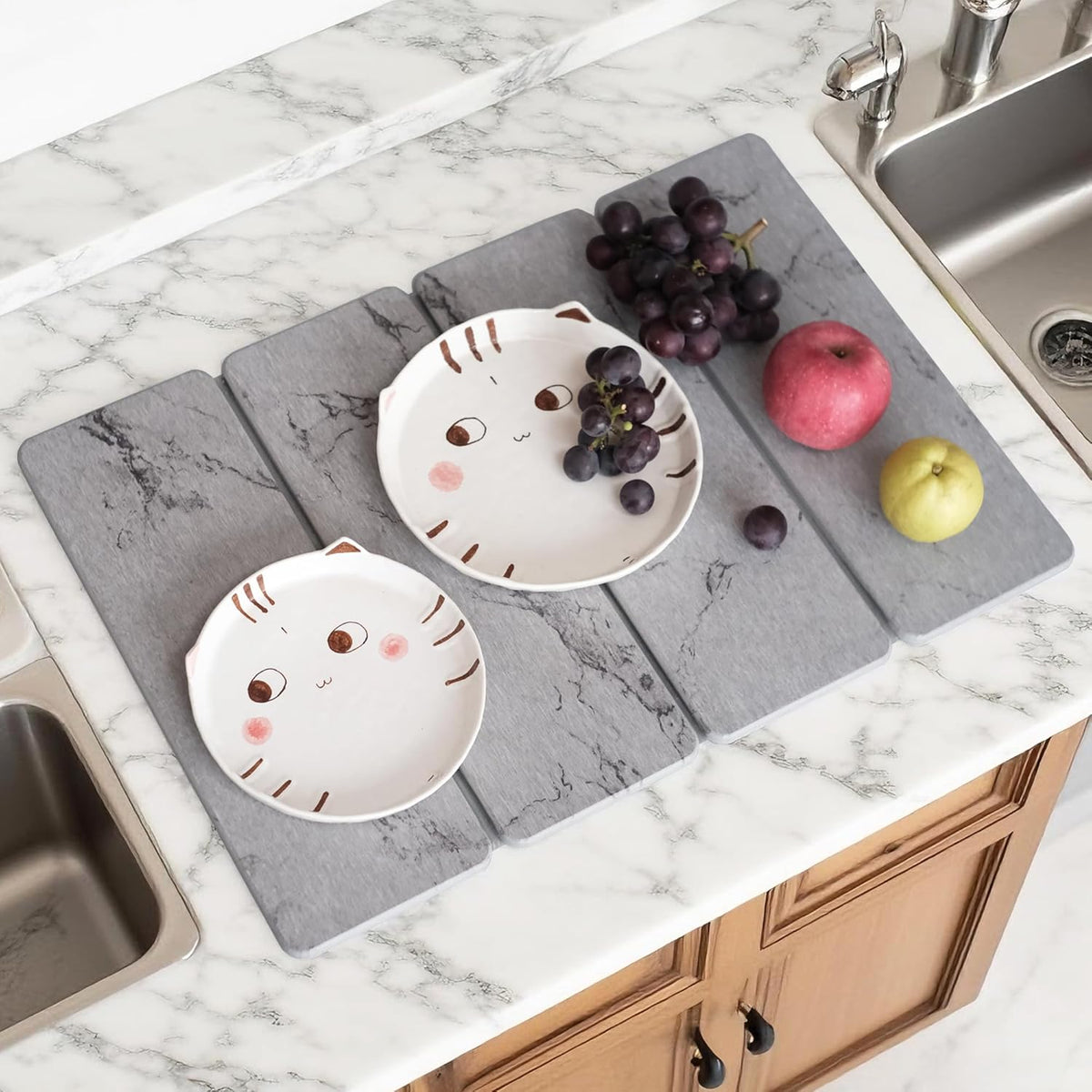 Large Stone Dish Drying Mat, Foldable Stone Drying Mat, 24" x 16" Diatomaceous Earth Drying Mat for Kitchen Counter, Super Absorbent Fast Dry Mat, Drying Board Diatomaceous for Kitchen, Marble Gray