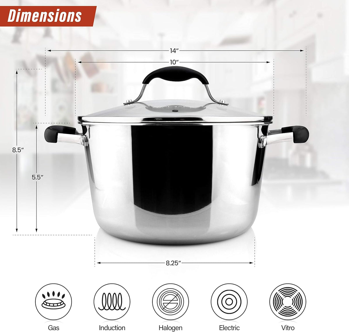 AVACRAFT 18/10 Tri-Ply Stainless Steel Dutch Oven, Chef’s Pan with Glass Lid, Induction Compatible, Multipurpose Stock Pot, 5 Quart