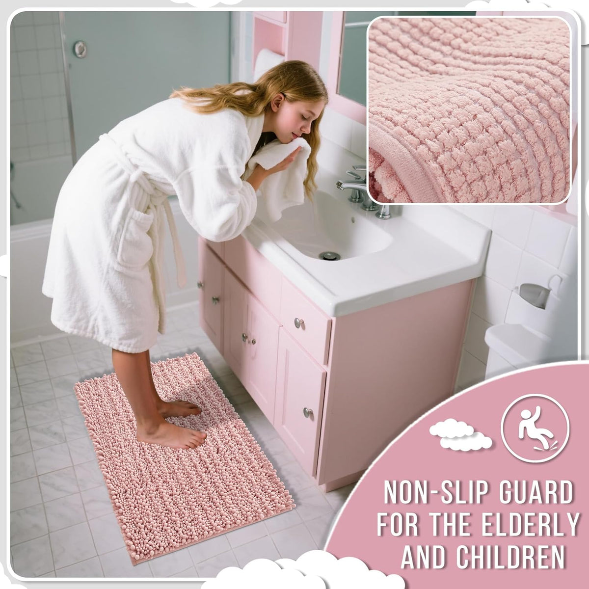 Yimobra Bathroom Rugs Non Slip Washable 24x17 Inch - Ultra Soft Absorbent Chenille Bath Mat, Quick Dry Shaggy Floor Carpet for Tub Shower, Light Pink Home Decor Accessories