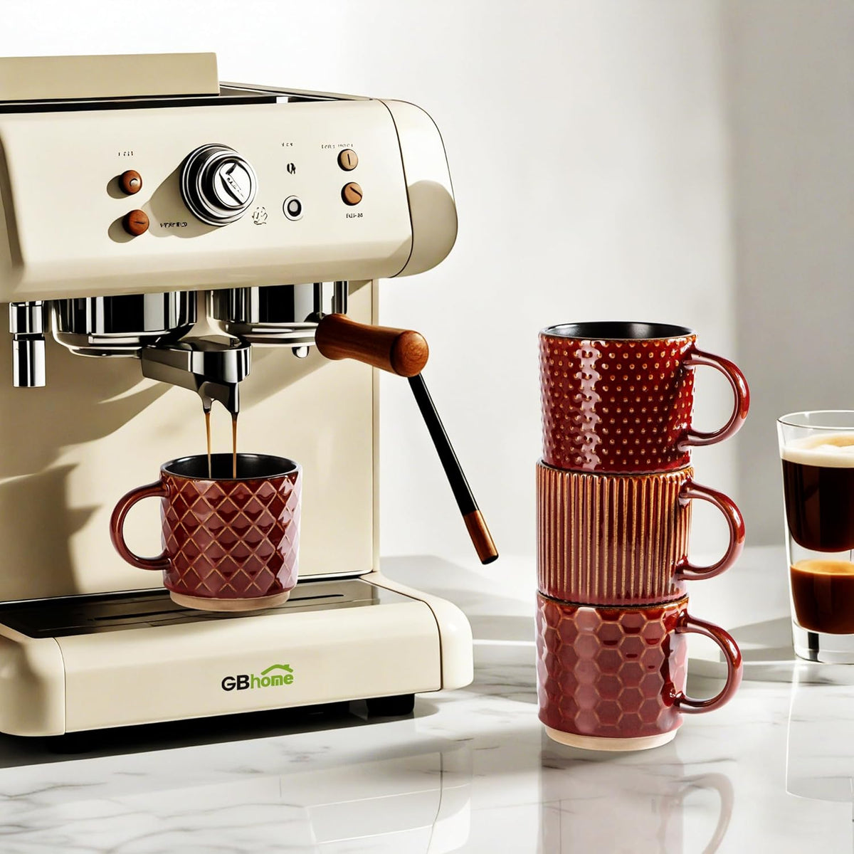 GBHOME 12 OZ Stackable Coffee Mugs, Ceramic Coffee Cups with Texture Patterns for Man,Woman,Dad,Mom, Modern Coffee Mugs Set of 4 for Latte/Cappuccino/Cocoa. Dishwasher&Microwave Safe, Red