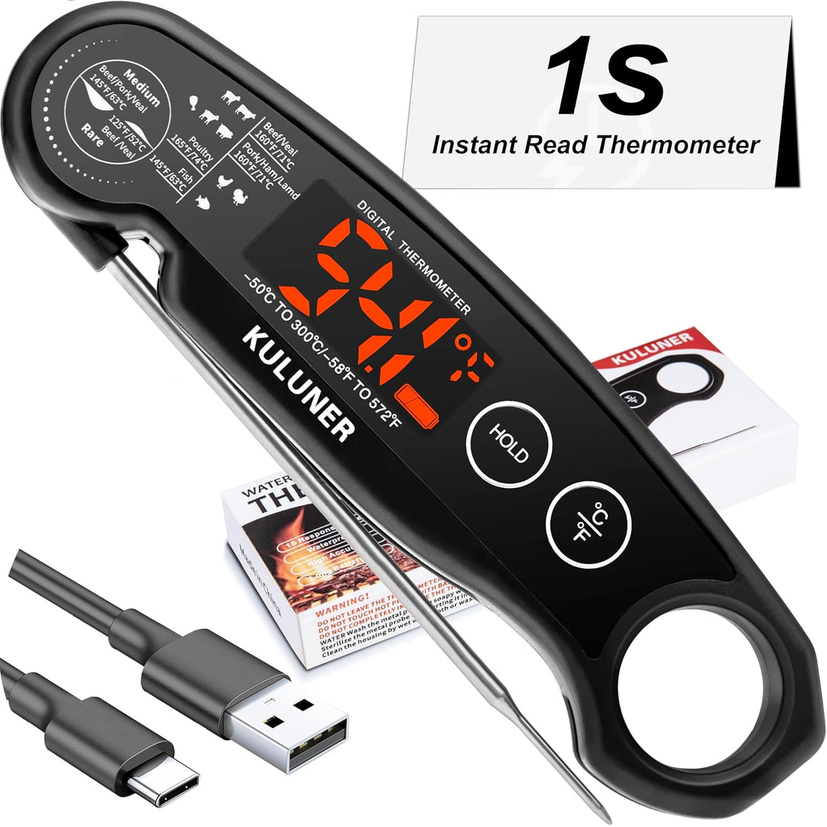 KULUNER 1-Second Rapid and Accurate Meat Thermometer - Waterproof Multifunctional Kitchen Food Thermometer, Ideal for Frying, Smoking, Grilling and More (Black)