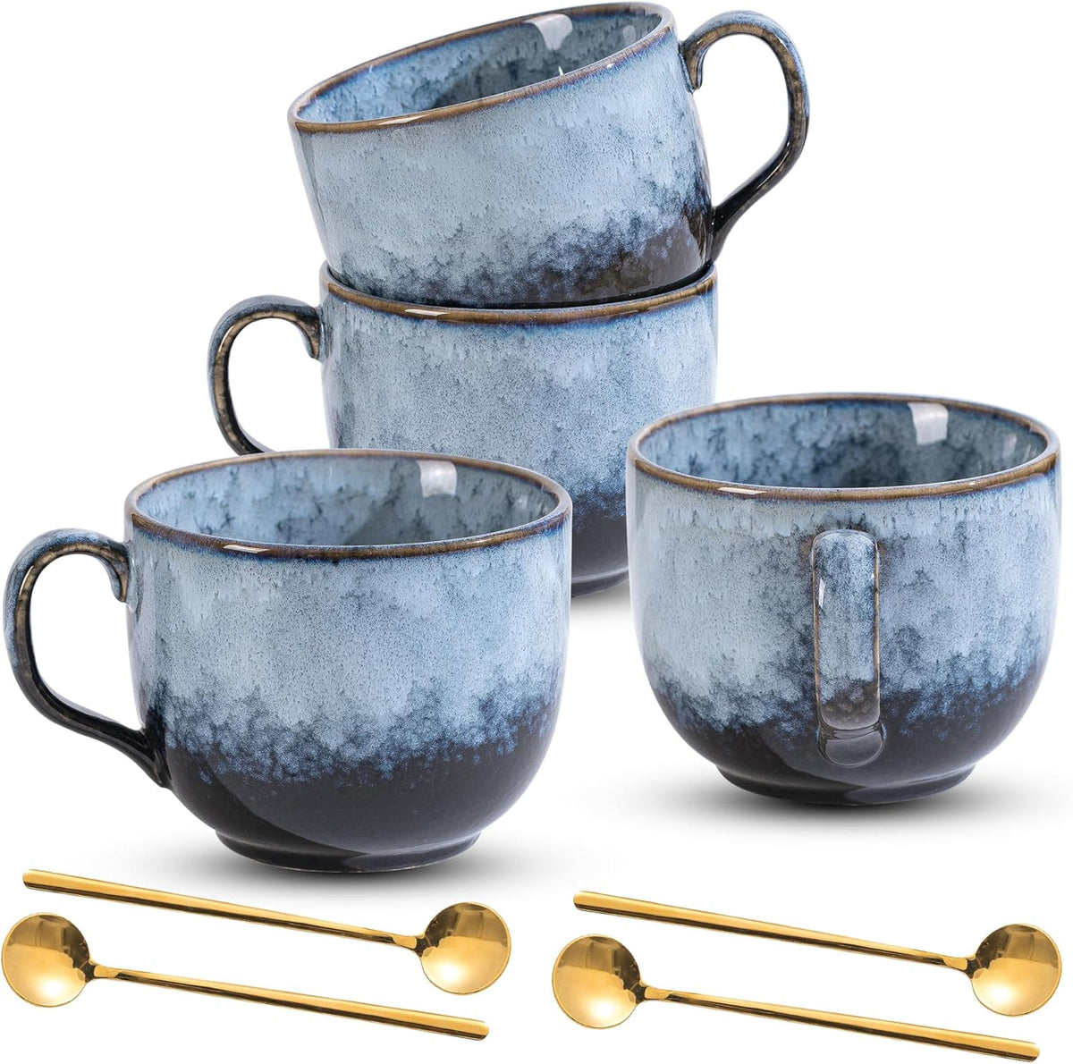 Coffee Mug Set of 4 - Ceramic 15 oz Coffee Cup with Handle, Large Stoneware Cups for Tea Milk Latte Cappuccino, Unique Hand-Painted Mug for Men Women Office Work (Marble Gray)