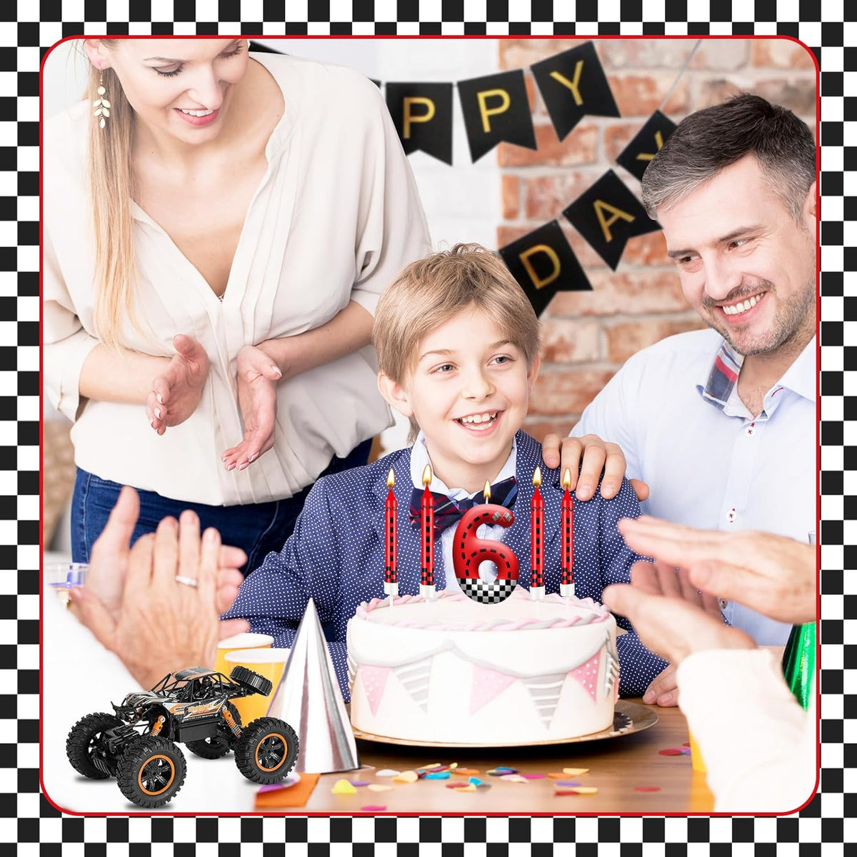 13PCS Racing Car Theme Birthday Candle Set with Checkered Flag Design - Durable Cake Topper for Race Car Party Decorations, Kids Birthday Supplies - Number 6 Candle for Racing-Themed Celebrations