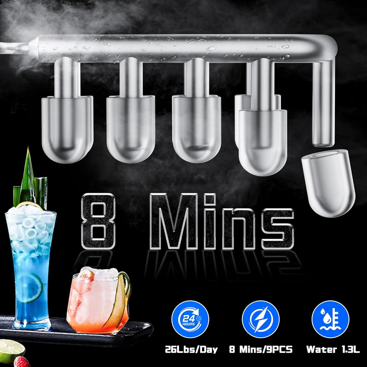 Countertop Ice Maker 26lbs/24H Portable Ice Machine with 2 Sizes of Ice Cubes, 9 Ice Cubes in 8 Mins, Stainless Steel Design Ice Scoop & Basket Included Self-Cleaning for Home, Kitchen, Bar, RV
