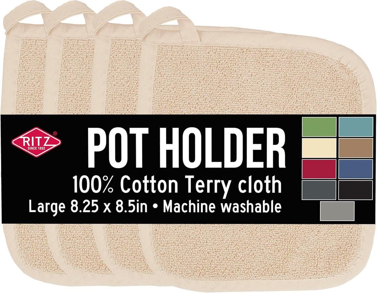RITZ Terry Potholder & Hot Pad: Unparalleled Heat Resistant, Durable 100% Cotton – Ergonomically Designed for Optimal Grip – Easy-Care Machine Washable – 4-Pack, Latte