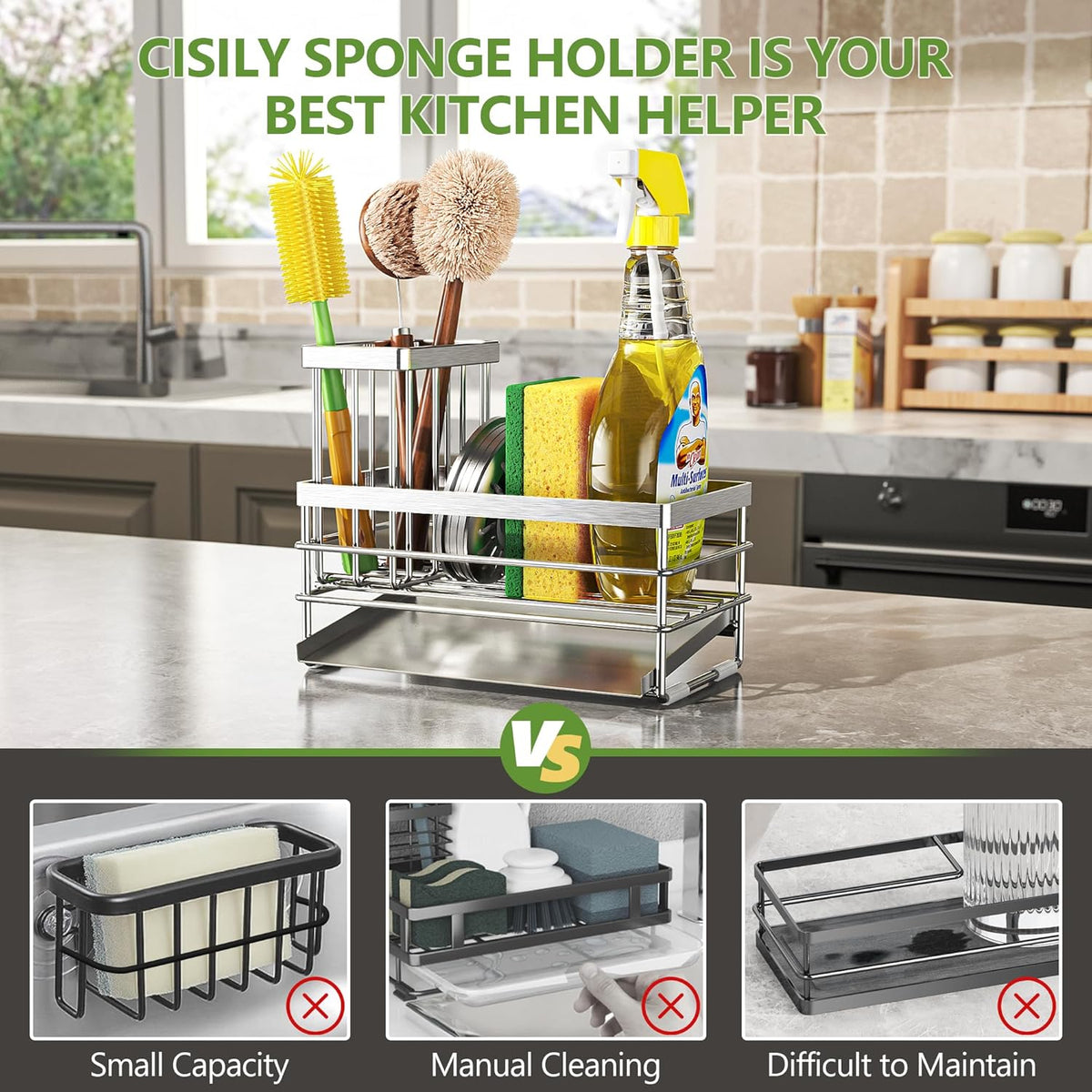 Cisily Sink Caddy Sponge Holder for Kitchen with Brush Holder and Stainless Steel Self Drain Tray, Rustproof Kitchen Sink Organizer for Sponge, Soap Dispenser Storage Accessories (Stainless Steel)