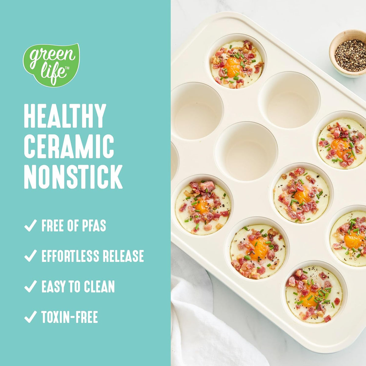 GreenLife 12-Cup Muffin Pan, Healthy Ceramic Nonstick Bakeware, PFOA & PFAS-Free Cupcake Tray, Durable Baking Pan, Versatile Kitchen Essential, Easy Clean Muffin Mold, Nonstick Baking Sheet, Turquoise