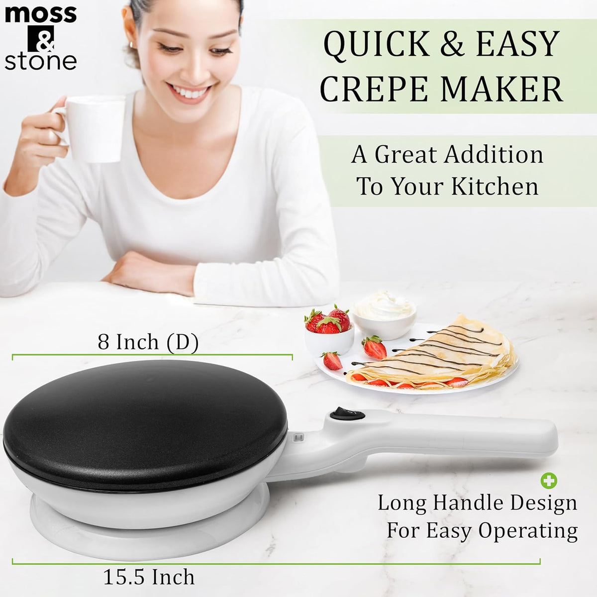 Moss & Stone Cordless Electric Crepe Maker With Auto Power Off, On/Off Switch & Dual Temperature Setting, 8 Inch Portable Crepe Maker & Non-Stick Dipping Plate, Nonstick Ceramic Coating Pan