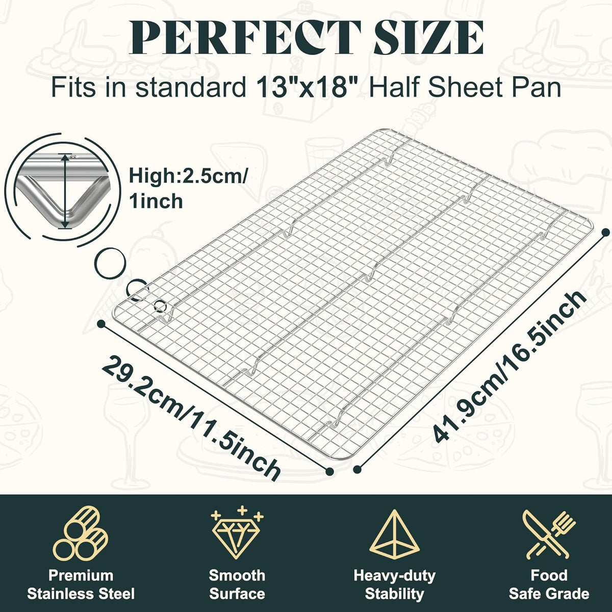 Cooling Racks for Cooking and Baking-11.5"x16.5" Oven Safe Premium Stainless Steel Heavy Duty Baking Rack Tight-Wire, Fits Half Sheet Pan for Roasting & Grilling & Cooking-1 Pack