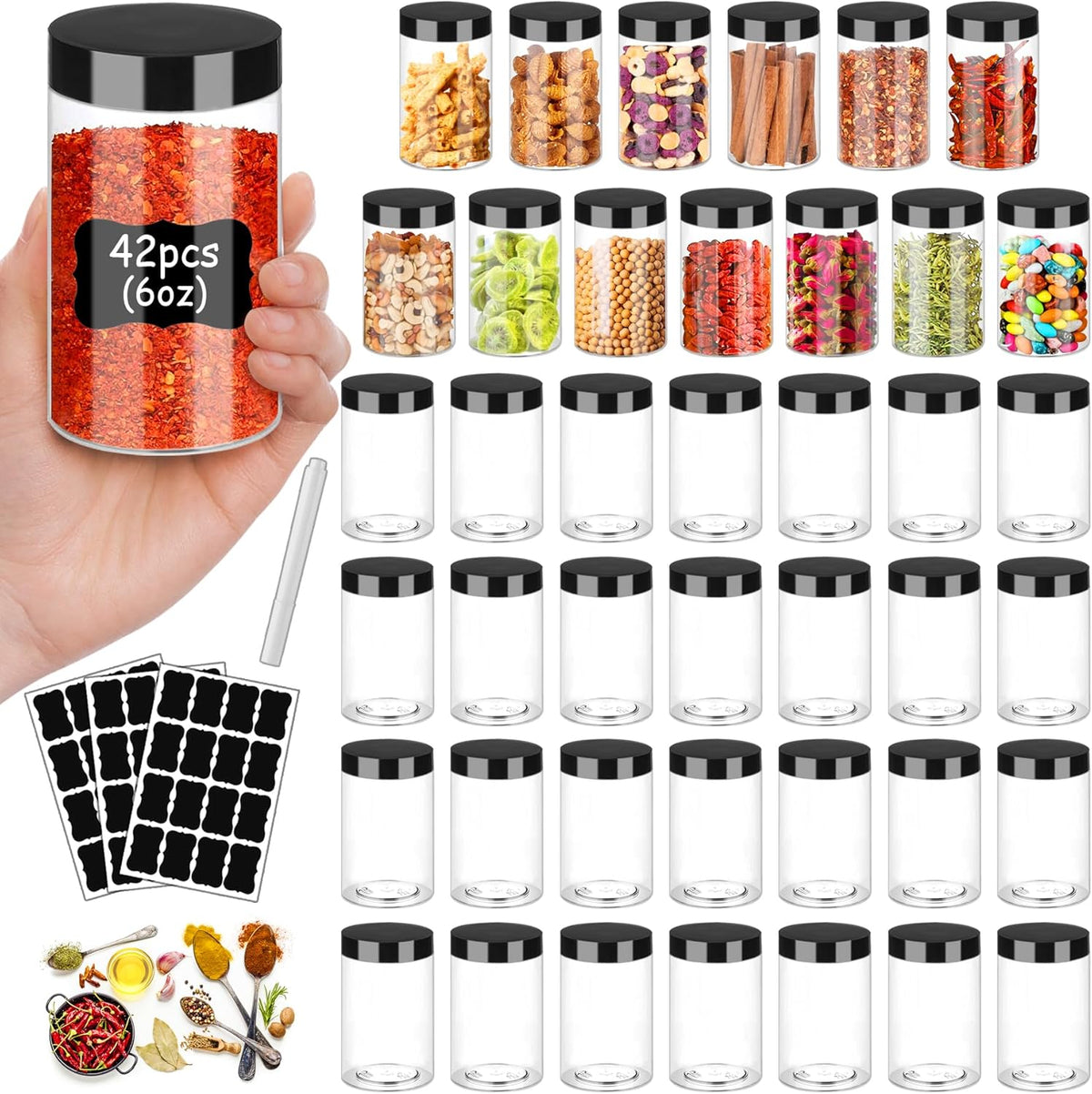 Plastic Jars with Lids 6OZ 42PCS Small Empty Slime Cosmetics Containers Clear Gift Food Jars Round PET Cream Jars with Black Lids Pen Labels for Kitchen Storage Spices Dry Food Body Butter