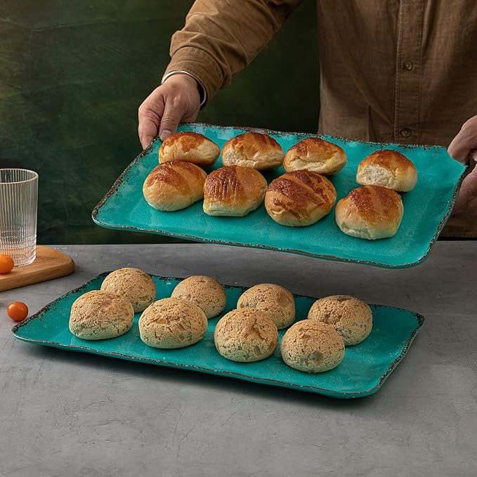LEHAHA Vintage Melamine Serving Tray Set, Rectangular Large Serving Trays/Platters Set for Serving Food, BPA Free Food Serving Platters and Trays, Set of 2, 17.5"x 10", Teal