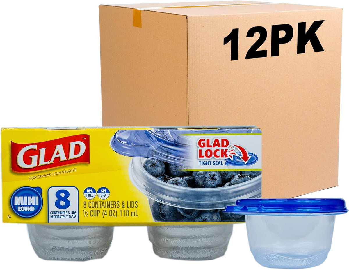Glad GladWare Mini Round Food Storage Containers - Small Meal Container Holds up to 4 Ounces of Food - Lock Tight Seal, 8 Count - 12 Pack