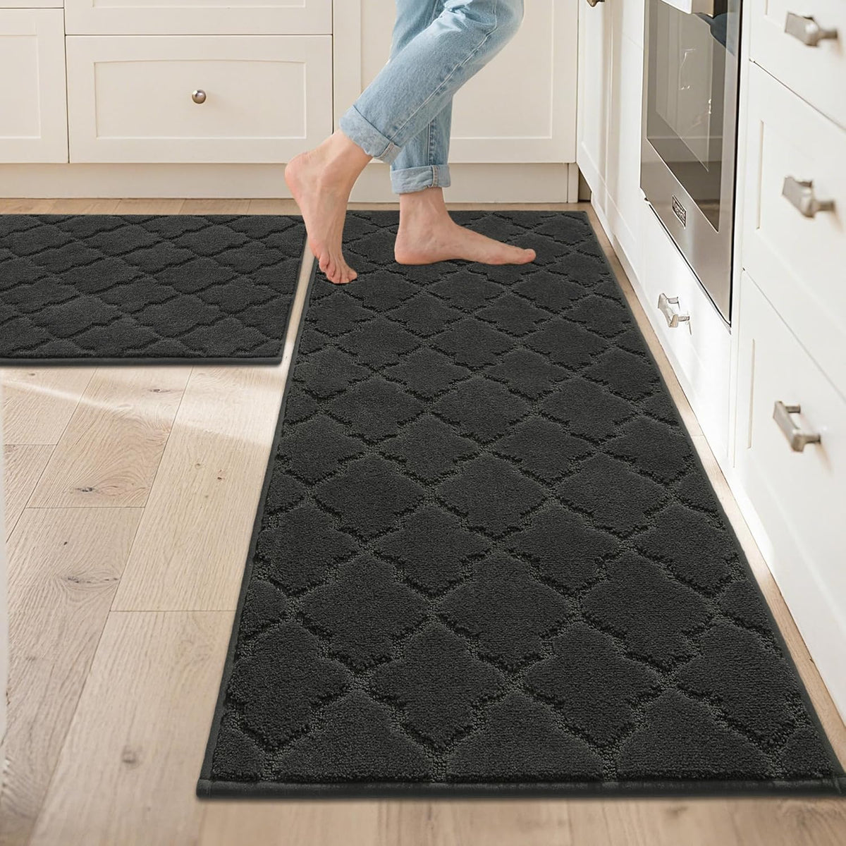 JSEI Kitchen Rugs, Non-Slip Kitchen Mats for Floor, Soft Washable Absorbent Kitchen Mats 2 Pieces, Kitchen Carpet Runner with TPR Backing, Polyester, 24”x36”+24”x60”, Black