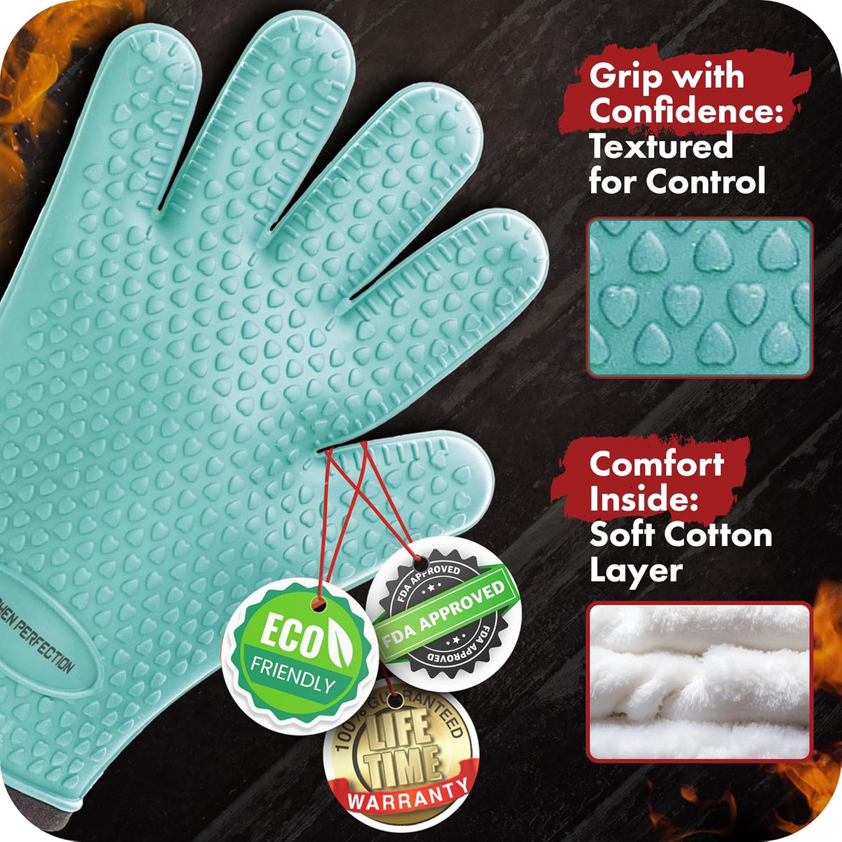 KITCHEN PERFECTION XL Silicone Smoker Oven Gloves -Extreme Heat Resistant BBQ Gloves -Handle Hot Food Right on Your Grill Fryer & Pit | Waterproof Oven Mitts Grill Gloves |Superior Value Set+3 Bonuses