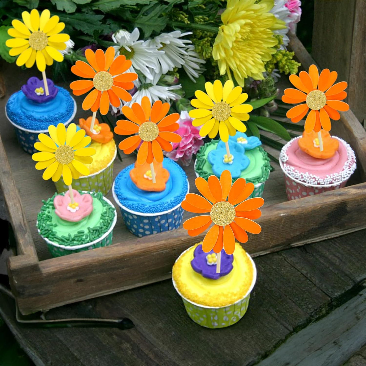 Ephlyn 24Pcs Orange Daisy Cupcake Toppers Flower Cake Toppers Daisy Cake Decorations Chrysanthemum Cupcake Toppers Spring Daisy Flower Cake Picks for Birthday Wedding Supplies