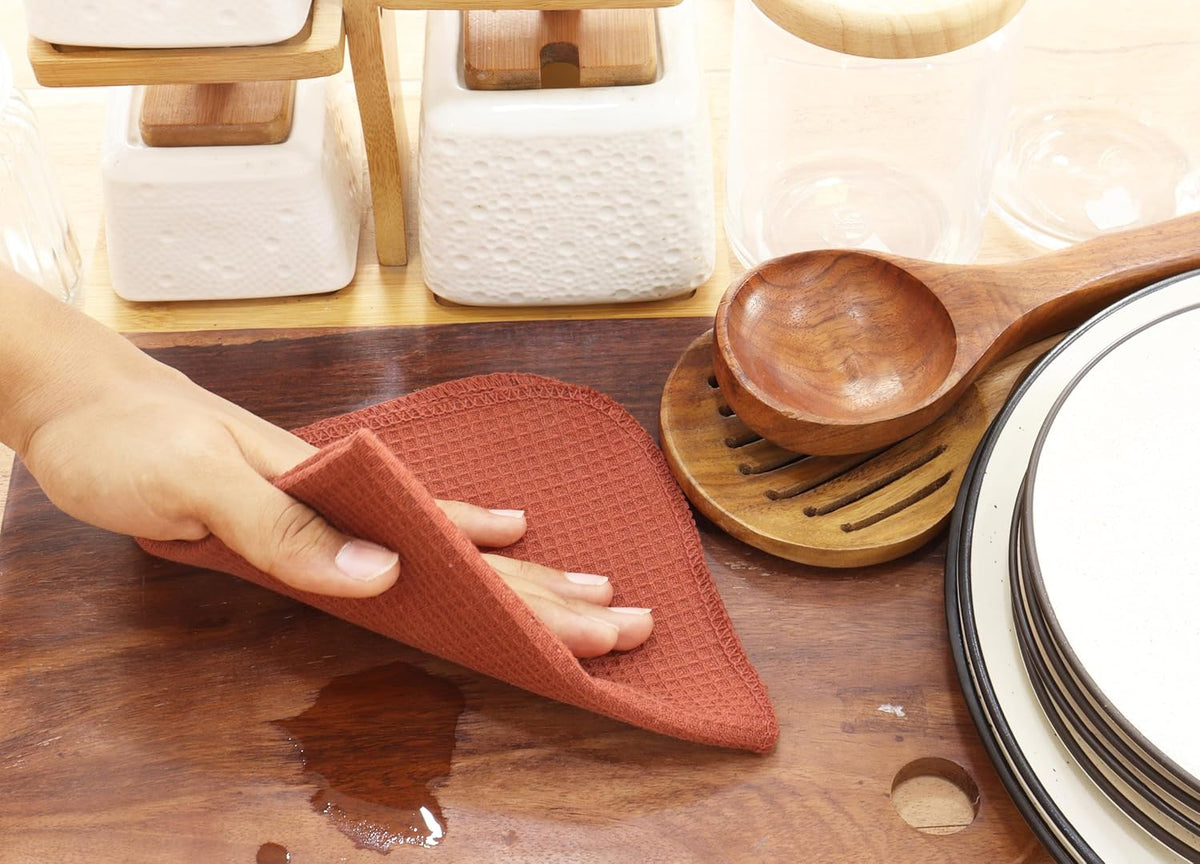 PurpleEssences Rust Dish Cloths and Dish Rags - 6 Pack Waffle Weave Solid Kitchen Dish Wash Cloths, 100% Cotton, 12 x 12 Inches, Ultra Soft Absorbent Quick Drying - Spring Summer - Rust