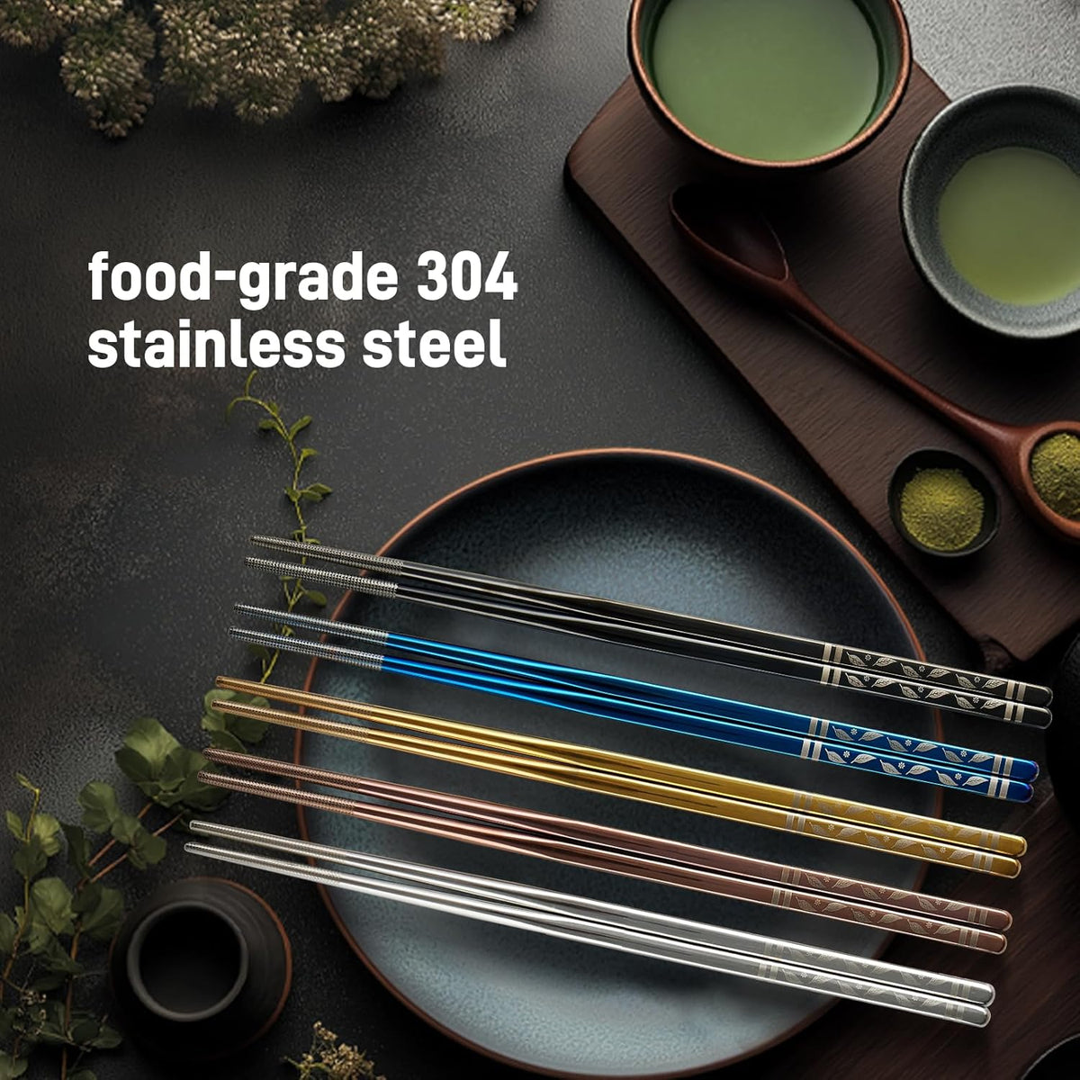 Metal Chopsticks Reusable 5 Pairs Stainless Steel Chopsticks Japanese Chinese Korean Metal Chop Sticks Dishwasher Safe Non Slip Cute Laser Engraved 9.25 Inch for Cooking Eating Gift Set