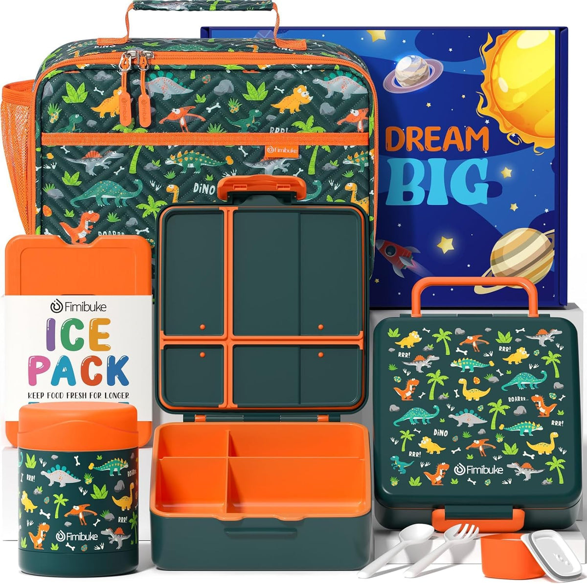 Fimibuke Kids Bento Snack Lunch Box with 4 Compartment, Insulated lunch Bag, Stainless Steel Vacuum Thermos Food Jar, Ice Pack, Utensils Set, Birthday Gift for Age 3-12 Back to School Toddler Girl Boy
