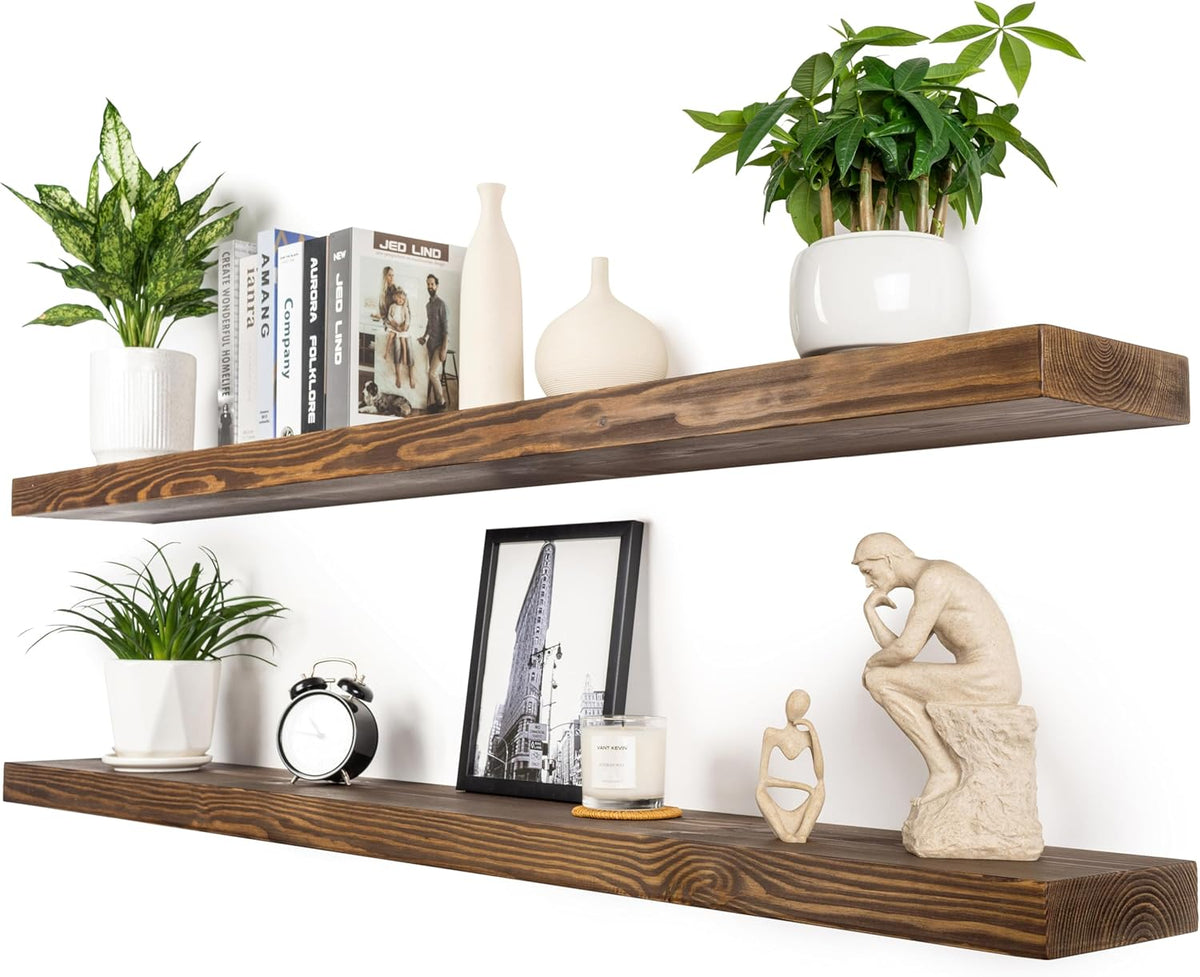 Rustic Floating Shelves 60 inch Long 8 "deep Set of 2, Heavy Duty Wood Wall Mounted Shelves for Bathroom Living Room Kitchen,Book Shelves with Thickened Hidden Bracket- Walnut