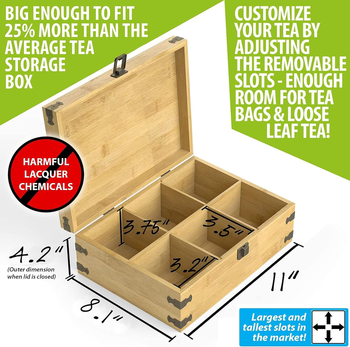 Bamboo Tea Organizer Box Chemical Free Eco-Friendly Big, Tall, Adjustable Cubbies Natural Wooden Storage Chest (Tea Time, 6-Slot 11" x 8.1" x 4.2")
