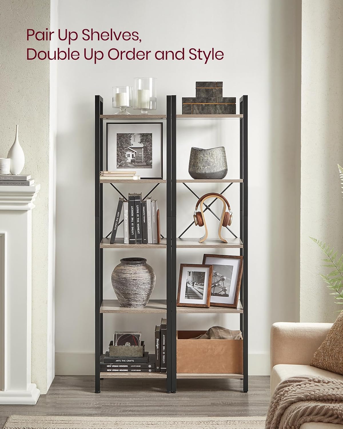 VASAGLE 5-Tier Bookshelf, Bookcase with Steel Frame, Book Shelf for Living Room, Home Office, Study, 11.8 x 15.7 x 60.2 Inches, Industrial Style, Heather Greige and Ink Black ULLS100B02