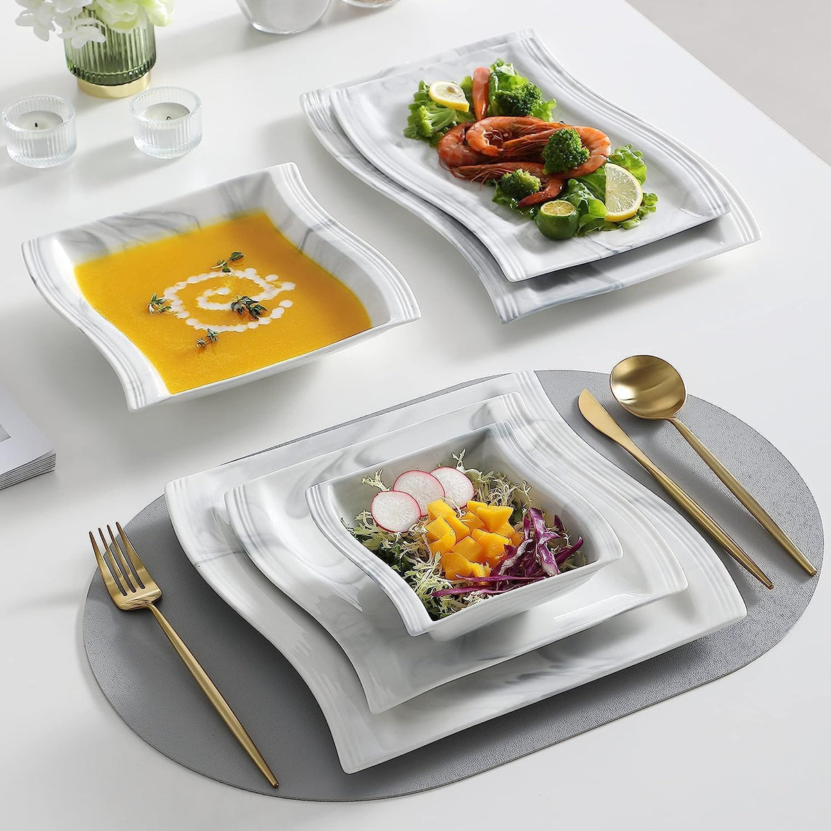 MALACASA Square Dinnerware Sets, 26-Piece Marble Grey Plates and Bowls Sets, Porcelain Dinner Set Microwave Safe, Kitchen Dinnerware Plates Set, Dishes and Bowls, Dish Set for 6, Series Flora