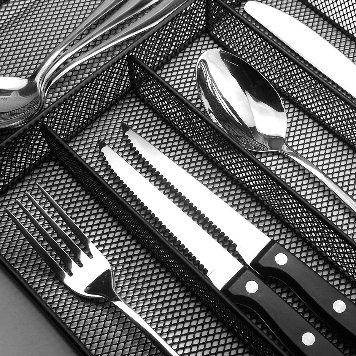 Silverware Organizer Metal Mesh, Large Drawer Organizer, Utensil Cutlery Tray for kitchen drawers, Flatware Organizer with 6 Compartment, Black (11.3”*16“)