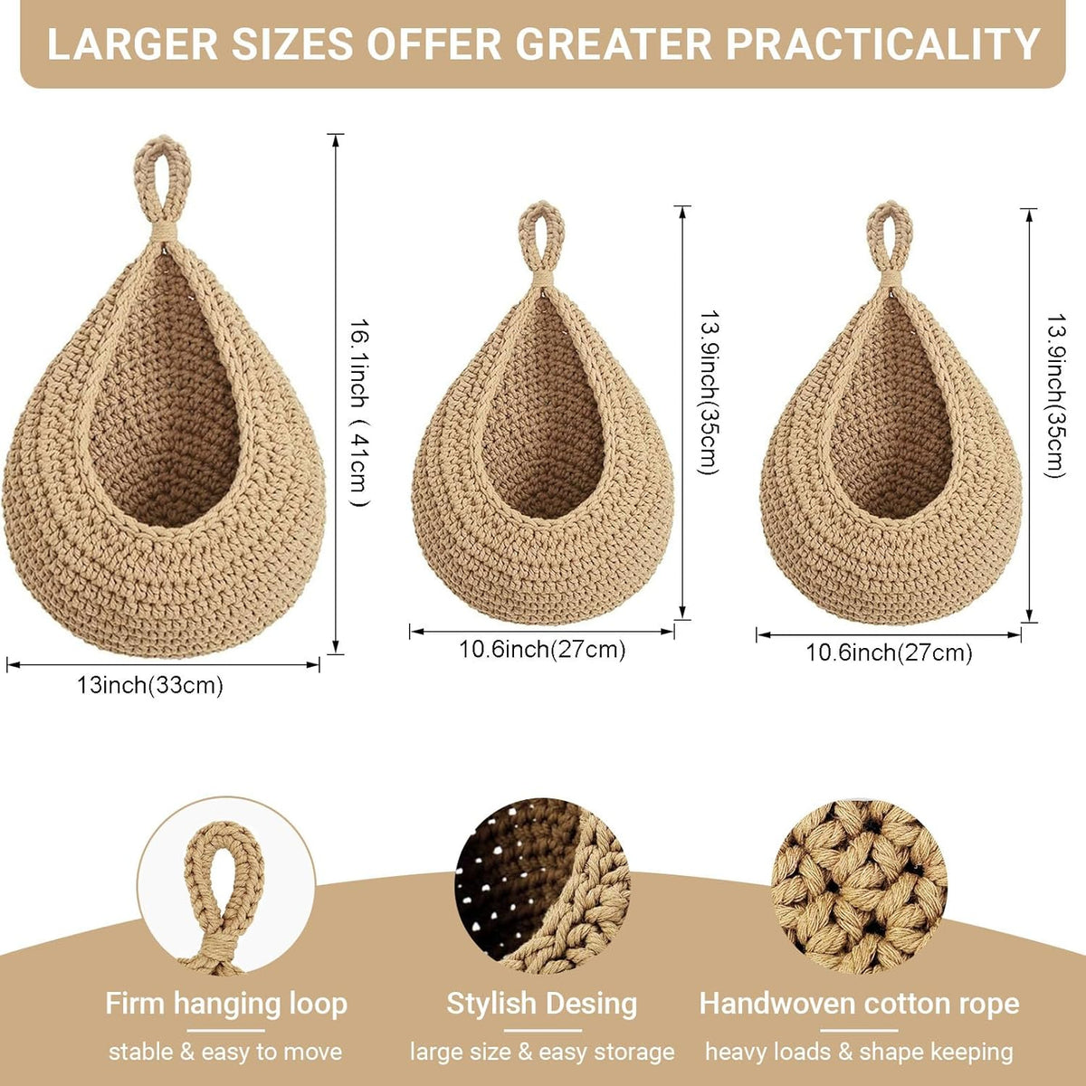 Halidali Hanging Fruit Baskets for Kitchen, 3 Pack Boho Cotton Rope Handwoven Vegetable Storage Wall Mounted Large Organizing Basket for Farmhouse Decor, Onion, Potato, Garlic and Plants (Linen)