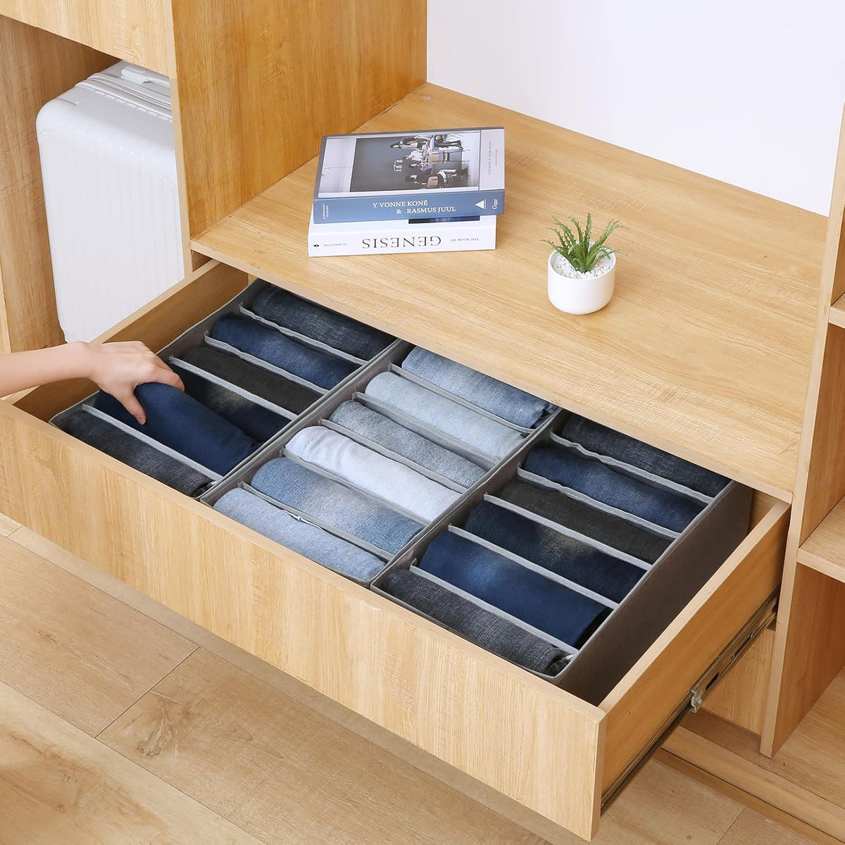 Qozary Jeans Pants Organizer for Closet, 4 Pack Drawer Organizers for Clothing, 6 Grids Wardrobe Clothes Organizer, Jean Organizer for Closet, Deep Drawer, Clothes Organizer for Shirts, Legging