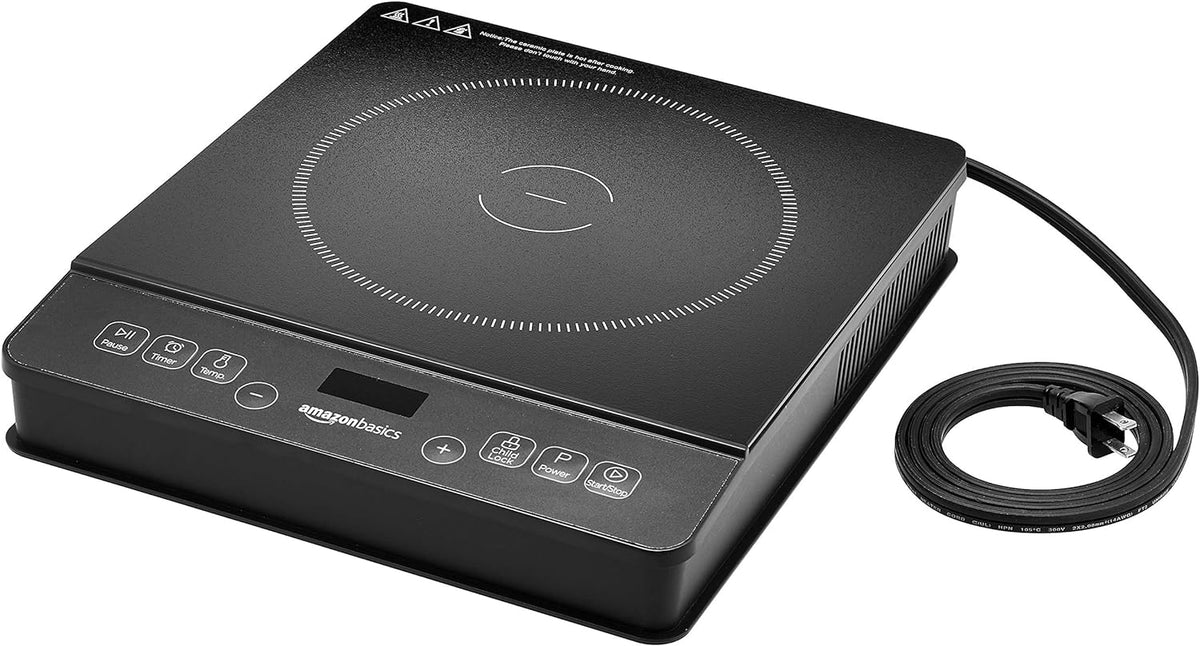 Amazon Basics 1800W Electric Portable Induction Cooktop, Induction Burner with Child Lock, Overheat Protection, Timer, 8 Power Settings, Up to 440°F, for Cookware with Diameter 5.7"-8.2", Black