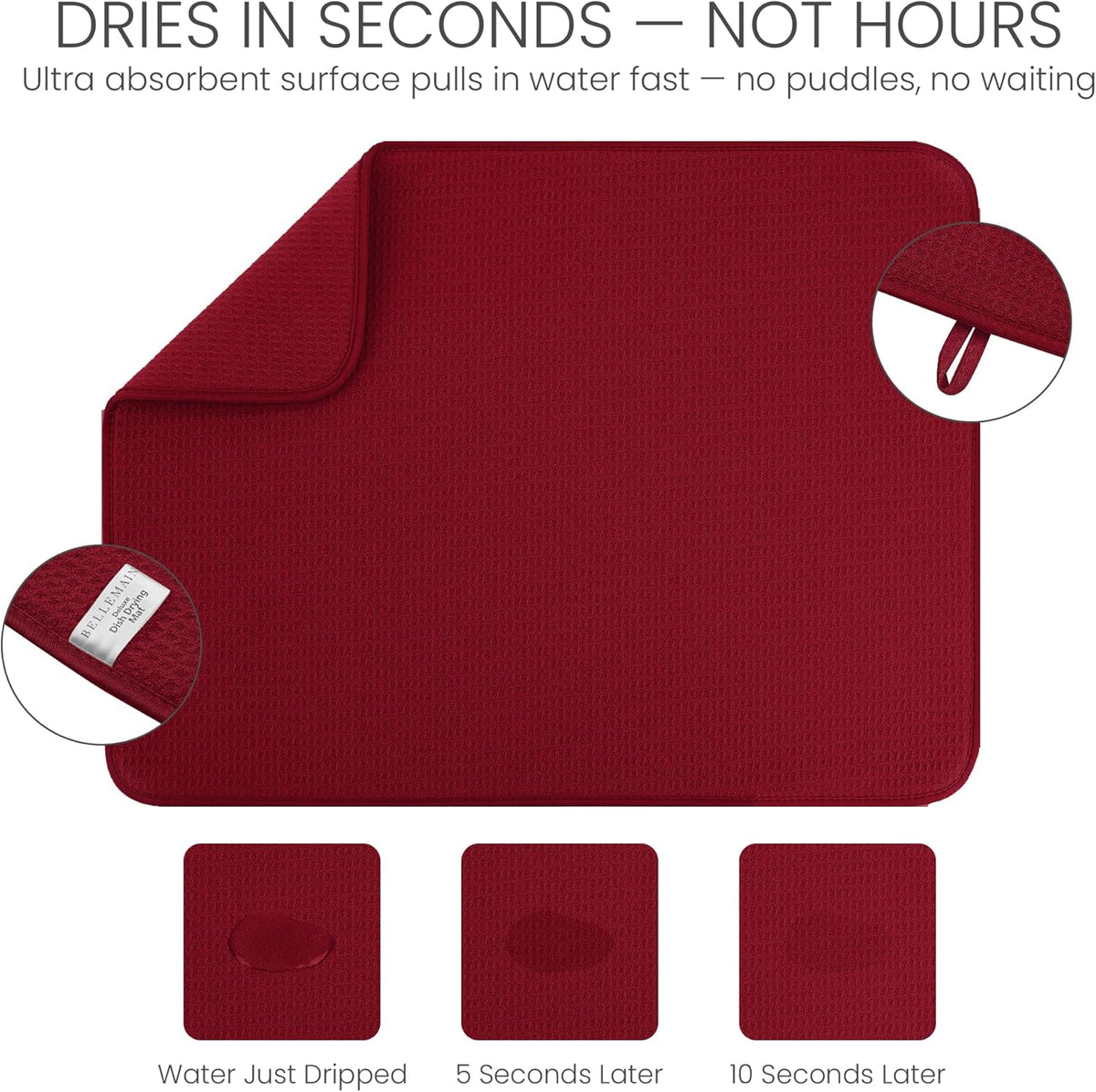 Bellemain XXL Dish Mat 24" x 17" ( LARGEST MAT ) Microfiber Dish Drying Mat , Super absorbent ( Red )