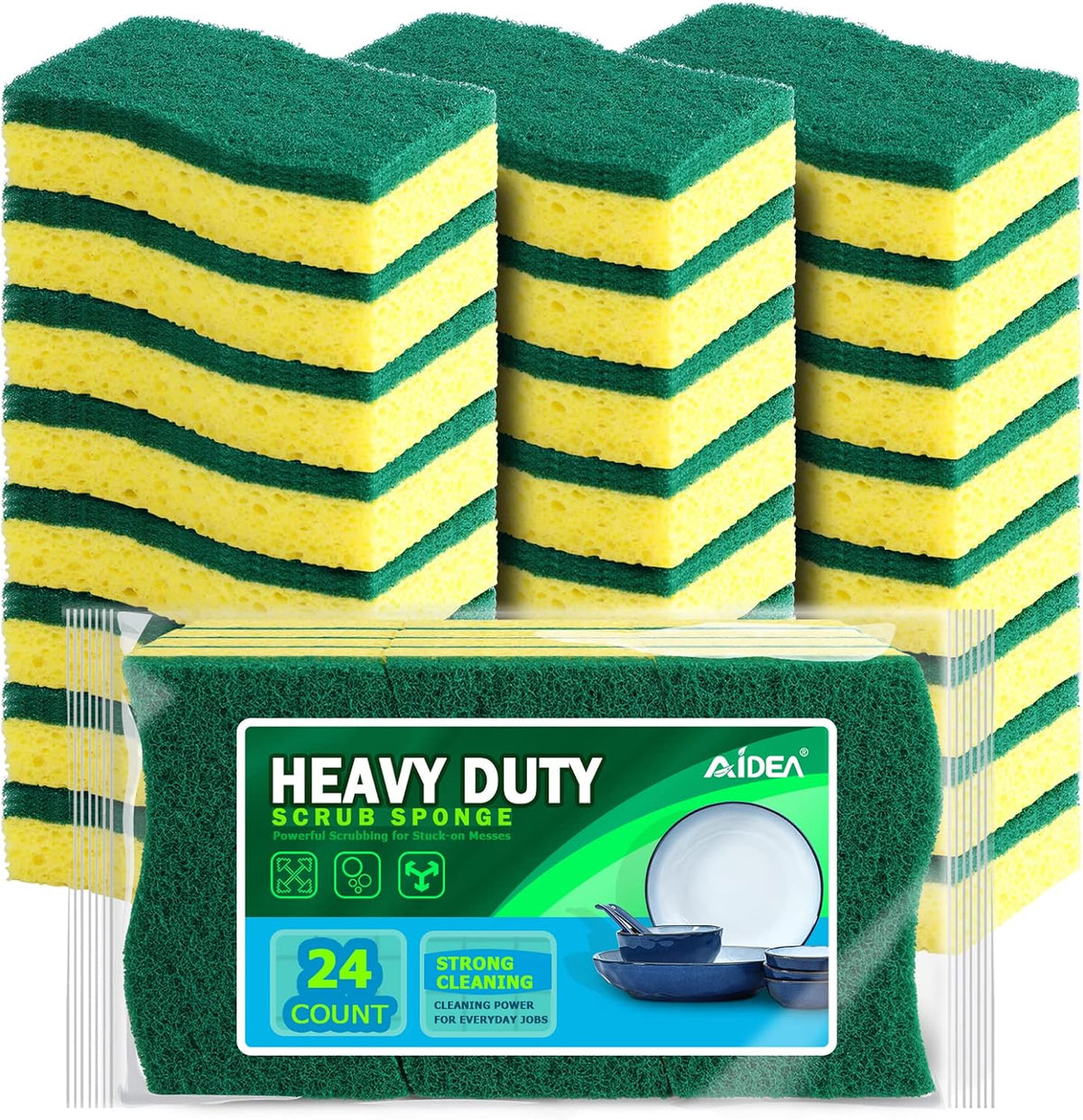 AIDEA Sponges Kitchen, Heavy Duty Scrub Sponge-24Count, Sponges for Dishes, Cellulose Dish Sponge, Scrubbing Power for Tough Messes, Cleaning Power for Non-Coated Cookware, Dishes, Pots, Pans