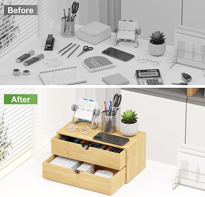 Wisuce Desk Organizer with Drawers - Bamboo Desktop Organizer Storage Natural Wood Desk Drawers Organizer for Bills, Office Supplies, Cosmetics, Seals No Assembly Required 3 Drawers（left-right)
