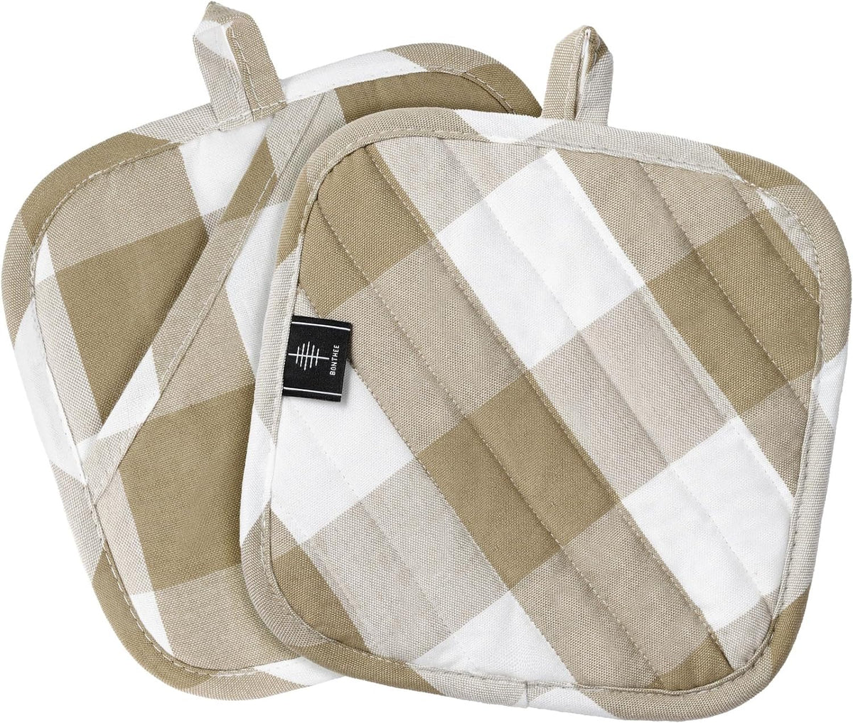 Cotton Pot Holders for Kitchen Heat Resistant Potholder, Hot Pads, Trivet Coaster Non-Slip Potholders Set for Cooking and Baking (2, Light Brown Plaid, Square，8.27 in²)