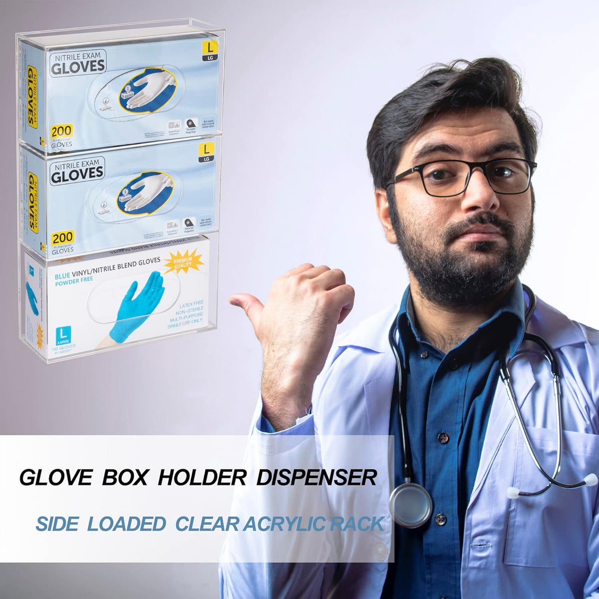 Glove Box Holder Dispenser Acrylic Triple Compartment Side Loaded Clear Rack Storage Organizer for Medical, Latex, Rubber, Nitrile, Exam, Disposable Glove Boxes Holder Standing or Wall Mount