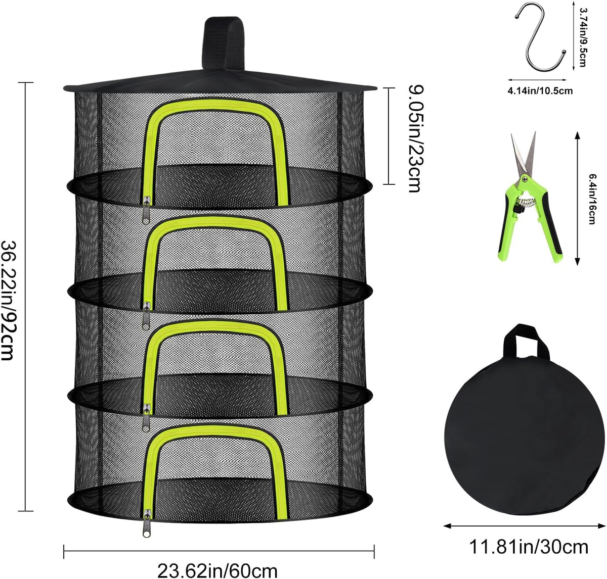 4 Layer Herb Drying Rack, Hanging Mesh Net, Foldable Plant Drying Rack With U-Shaped Zipper, Garden Trimming Shears and Hooks, For Drying Herbs Plants, Fruits, Seafood, Clothing(4 Layers-23.62'')