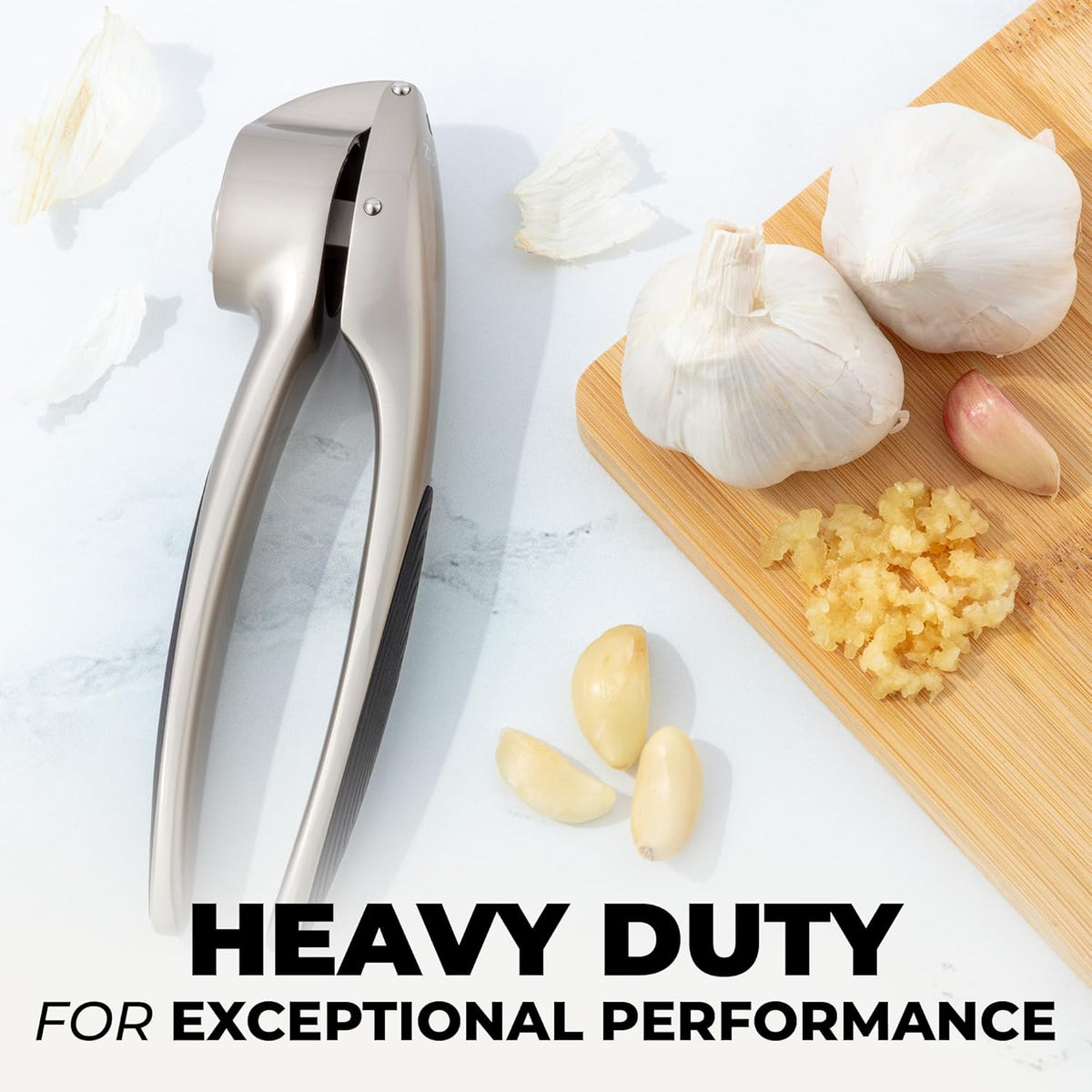 Zulay Kitchen Premium Garlic Press Set – Rust Proof & Dishwasher Safe Garlic Mincer Tool with Silicone Garlic Peeler & Brush, Easy Squeeze & Clean, Ergonomic Soft Grip Handle - Medium – Silver