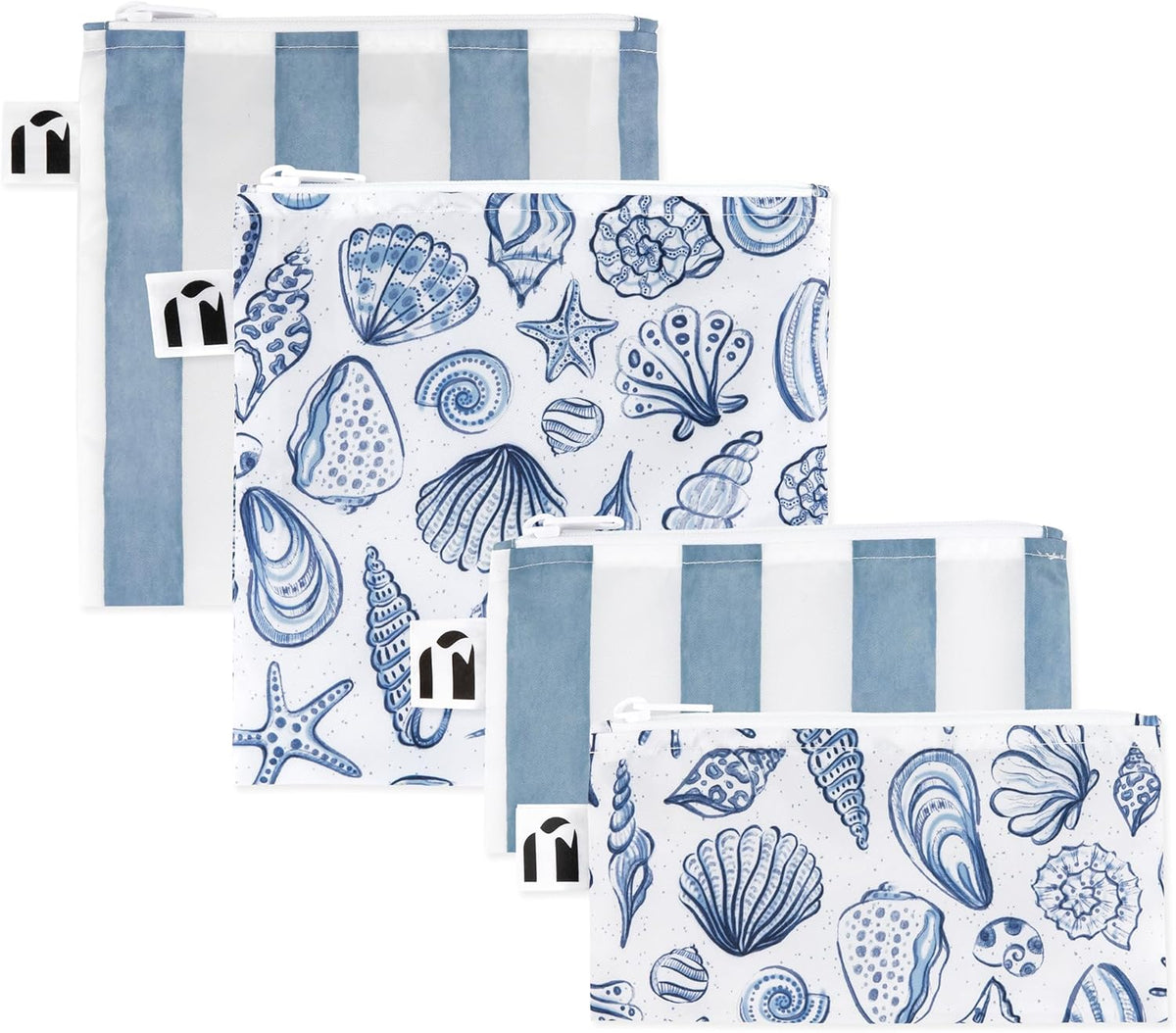 Roamio Reusable Sandwich and Snack Bags, for Kids School Lunch and for Adults Portion, Washable Fabric, Waterproof Cloth Zip Bag, Travel Pouch, Food-Safe, 4-pack Set Nautical Stripe and Blue Shells