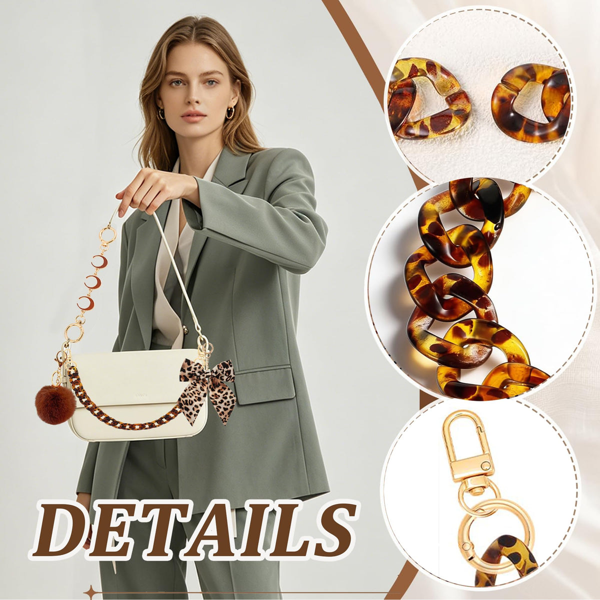 1-3 PCS Metal Handbag Chain Straps, Pearl & Heart Purse Strap Replacement, Decorative Bag Extension Chain for Tote & Shoulder Bags, Gift for Women (5PCS Leopard Print Bow & Pom-pom Set)