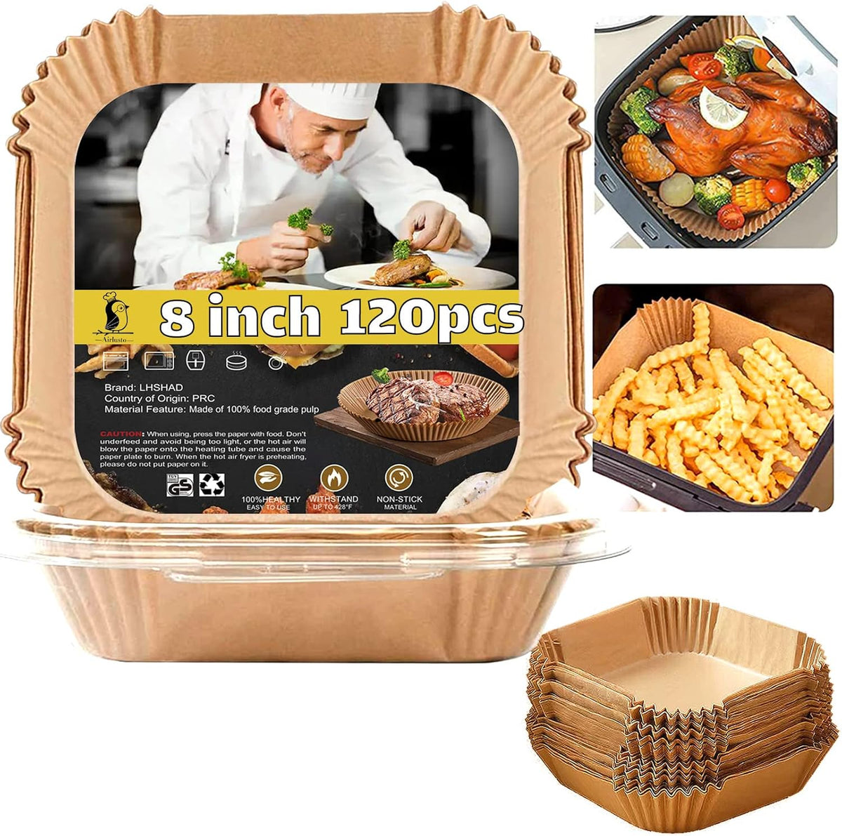 4 qt Air Fryer Liners, Chefman Air Fryer Liners, Disposable 4qt Air Fryer Liner for GreenLife 4.5 QT Cuisinart Airfryer, Non-stick Parchment Paper for Frying, Baking- Unbleached(120Pcs)