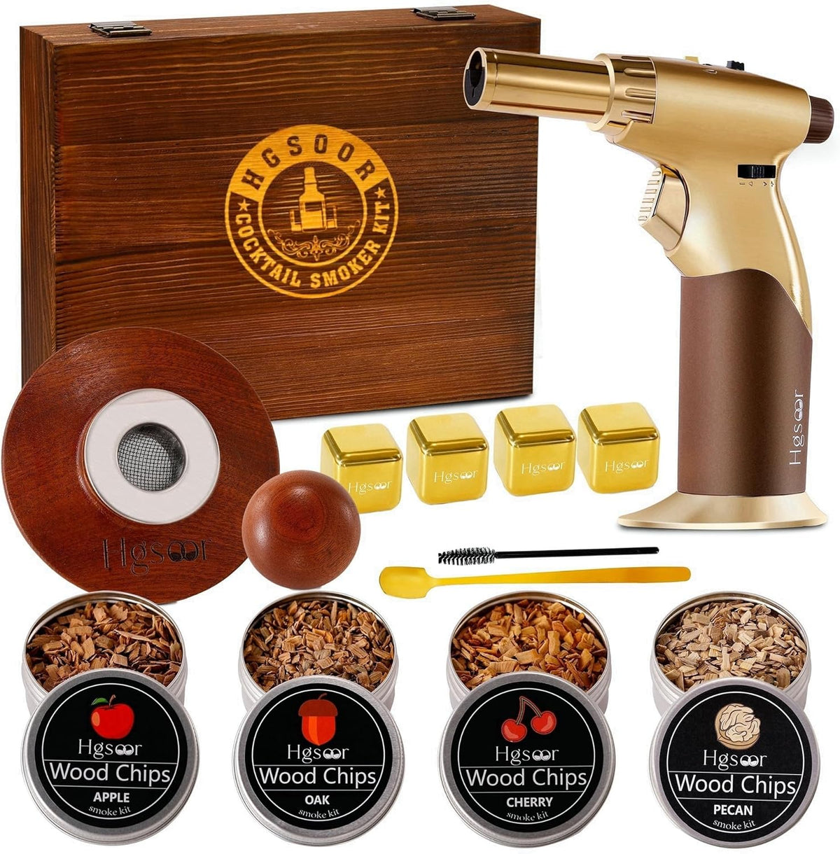 Whiskey Smoker Kit - Old Fashioned Drink Smoker Kit - Cocktail Smoker Kit with Torch, 4 Flavors Wood Chips, 4Ice Cubes, Bourbon Smoker Kit, Bourbon Whiskey Gifts for Men,Dad (No Butane)
