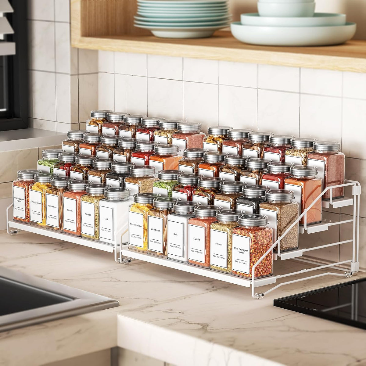 Spice Organization for Cabinet, Spice Rack Organizer, Spice Rack Organizer for Cabinet, Depth Adjustable Seasoning Organzier Organizer for Cabinet, Countertop, Pantry, Metal, White (2 Pack)
