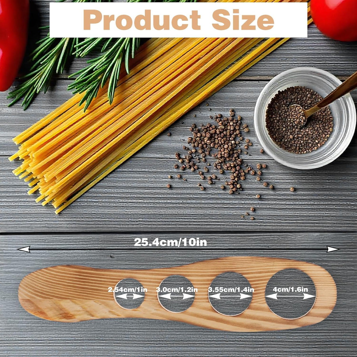 Spaghetti Measurer Tool, Wood Pasta Measuring Tool with 4 Holes, Quick Spaghetti Measuring Tools for Kitchen Cooking, Kitchen Accessories (9.96 X 2.36 Inch)