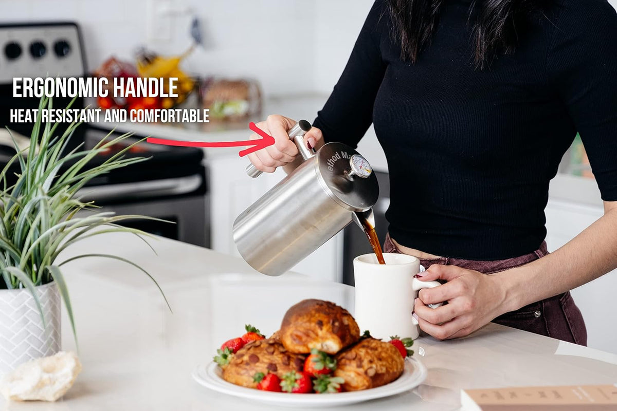 Barista Warrior French Press with Thermometer - Insulated Coffee Press - Stainless Steel Coffee Maker (1.0L, 34 fl oz, Gray)