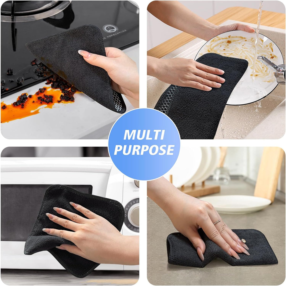 KinHwa Kitchen Washcloths for Dishes Absorbent Microfiber Dish Cloths Quick Dry Dish Rags with Poly Scour Scrub Side Ideal for Kitchen Cleaning (Black, 7inchx7inch 18 Pack)